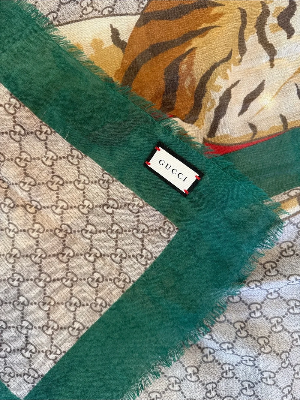 Gucci Beige Monogram Scarf with Tiger and Green-Red Stripe